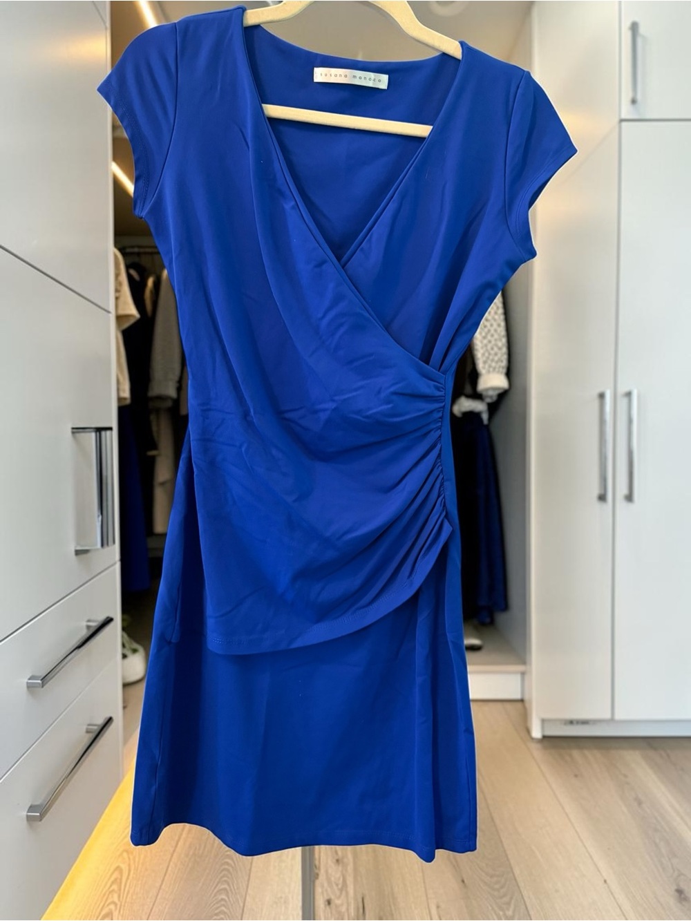 Cap Sleeve Wrap-Style Blue Bodycon Dress